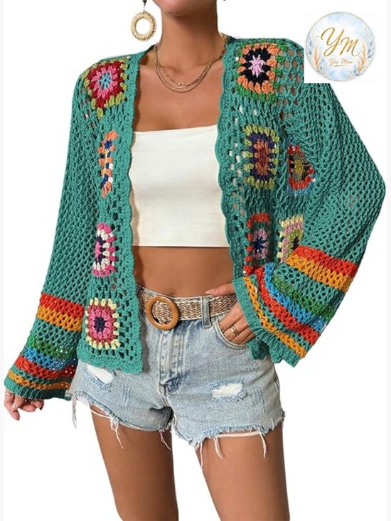Sweaters - Floral Crochet Cardigan Hollow Out Open Front Long Sleeve Sweater